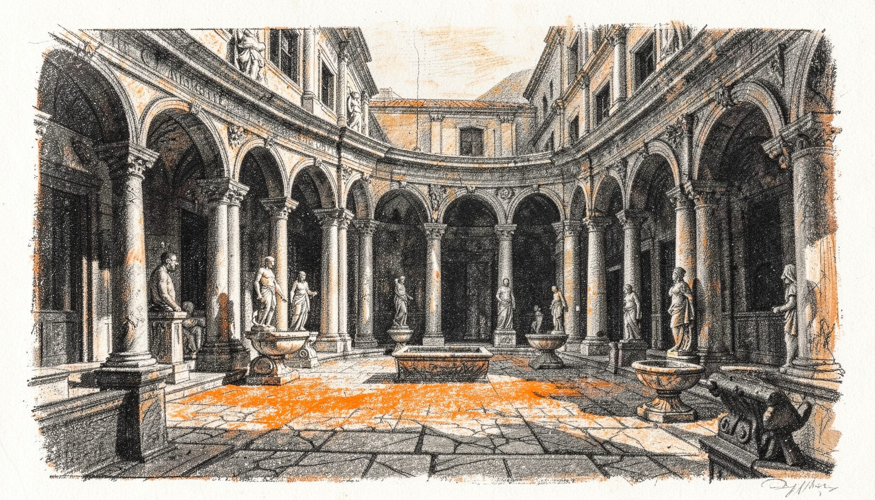 Disegno a carboncino di un cortile rinascimentale con portici e statue, giochi di luce e ombra, toni grigio caldo e ocra