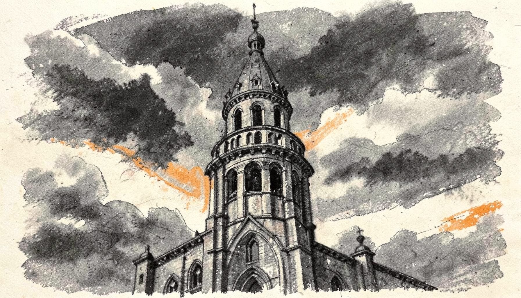 Disegno a carboncino di una torre astronomica che si staglia contro un cielo nuvoloso, con architettura medievale e cupola, toni grigio scuro e seppia