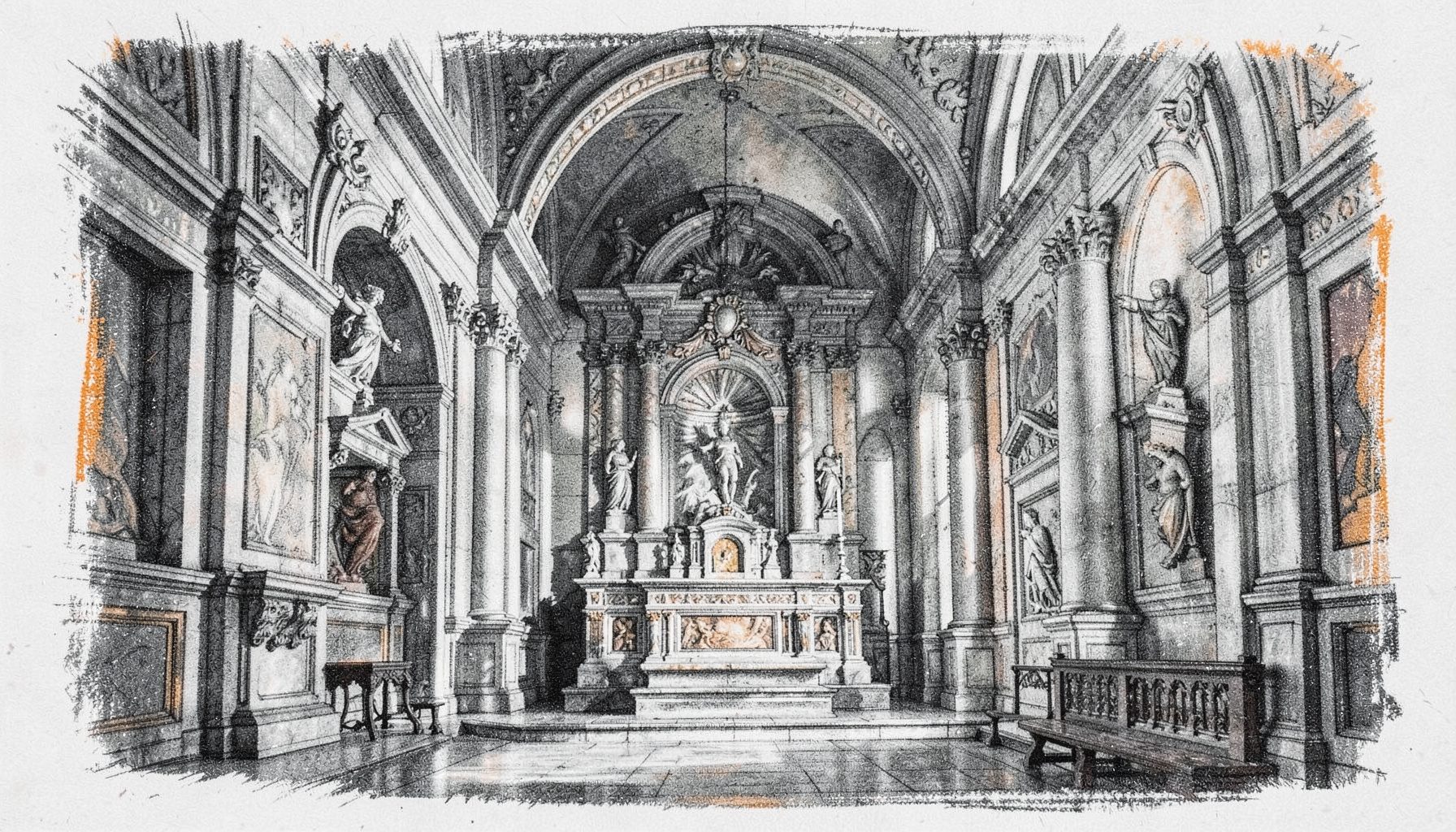 Disegno a carboncino di una cappella rinascimentale con decorazioni sobrie e altare in pietra, luce soffusa, toni grigio e ocra