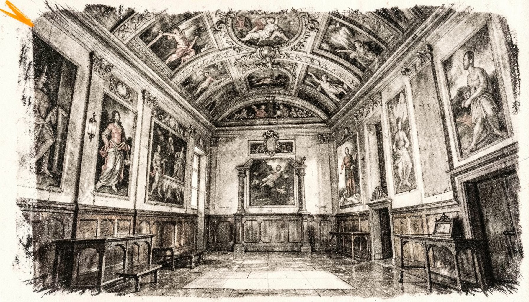 Disegno a carboncino dell'interno di un oratorio con affreschi alle pareti e soffitto decorato, atmosfera raccolta, toni seppia e grigio