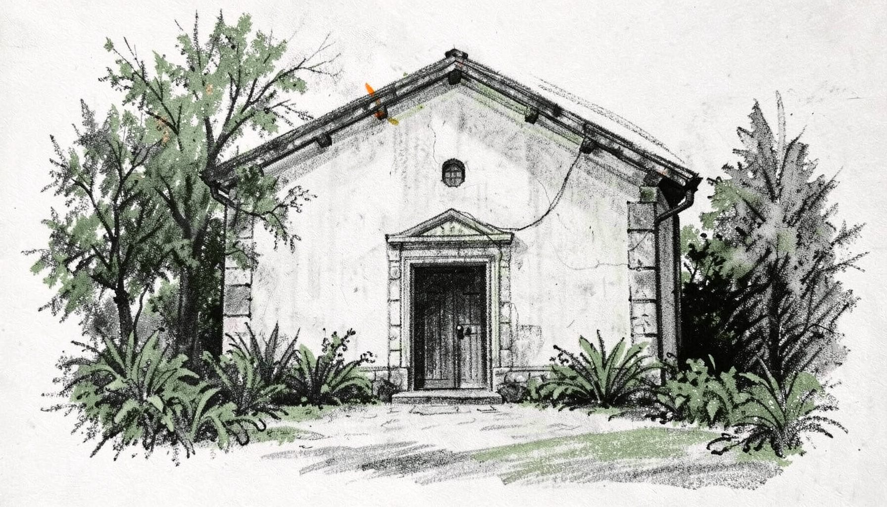 Disegno a carboncino di un oratorio con facciata semplice e portale in pietra, circondato da vegetazione, toni grigio e verde spento