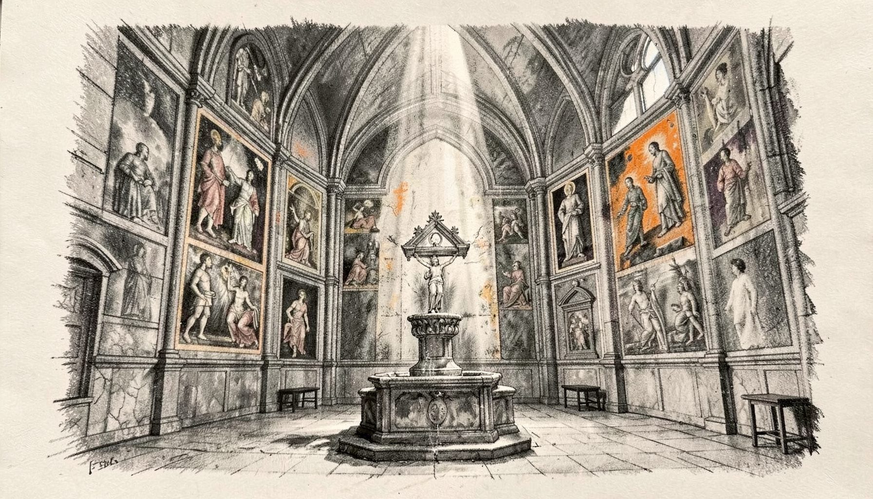 Disegno a carboncino di un battistero romanico con affreschi alle pareti e fonte battesimale centrale, luce dall'alto, toni grigio e terra