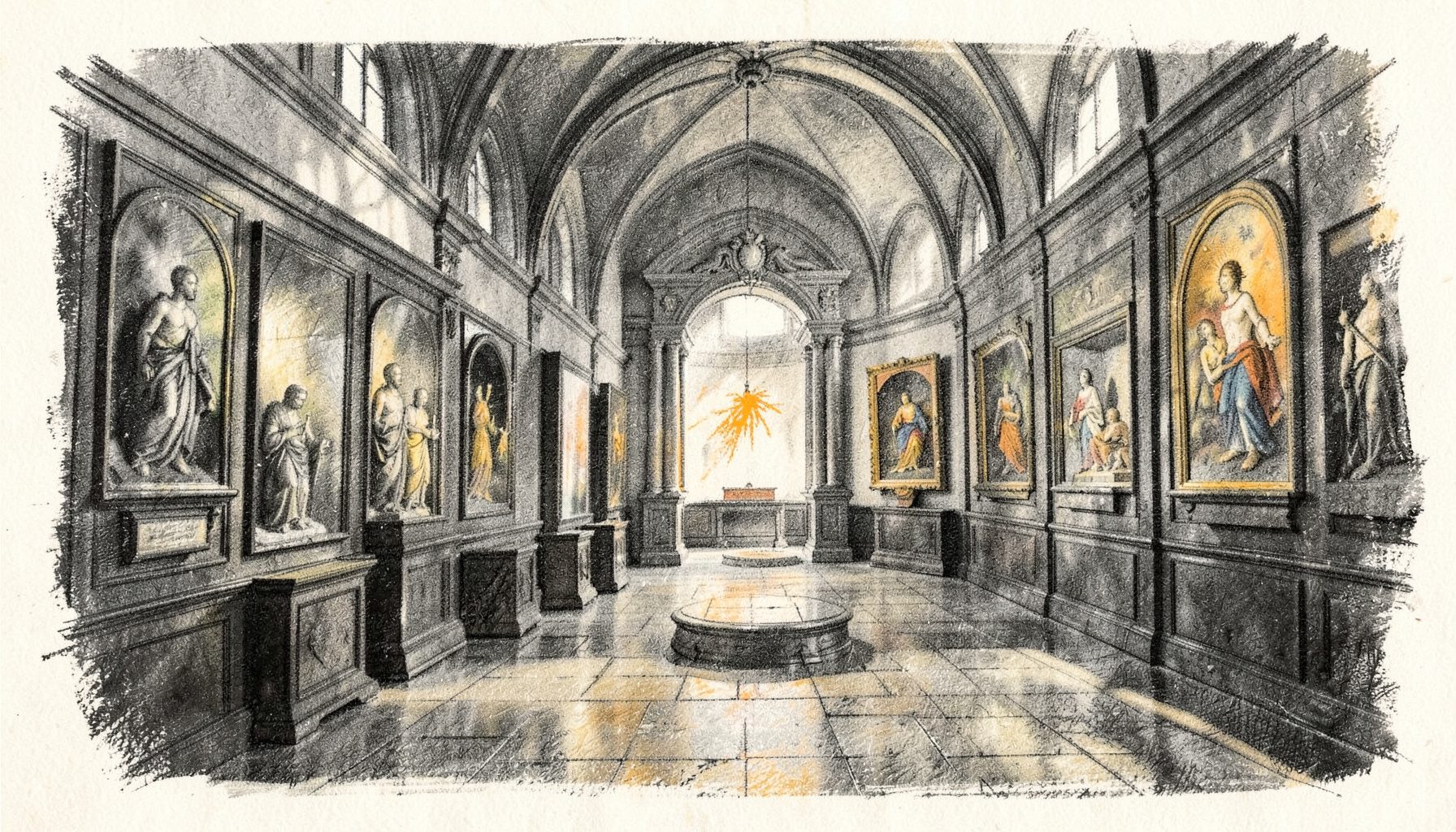 Disegno a carboncino dell'interno di un museo diocesano con vetrine e opere d'arte sacra, illuminazione soffusa, toni grigio e oro spento